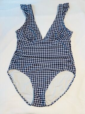 Kona Sol Navy & White Gingham Checkered Ruffle Strap Timeless One-Piece Swimsuit